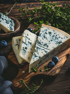 美食背景板摄影照片_木板和木质背景上的蓝奶酪