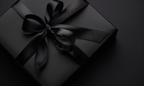 促销海堡摄影照片_黑色礼品盒的顶部视图黑色丝带在黑色背景上被隔离