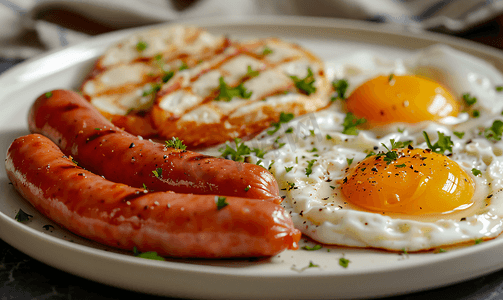 香肠鸡蛋摄影照片_盘子上的煎鸡蛋和煮香肠特写