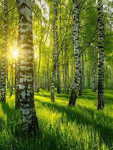 阳光明媚的夏日绿色树林中的白桦林