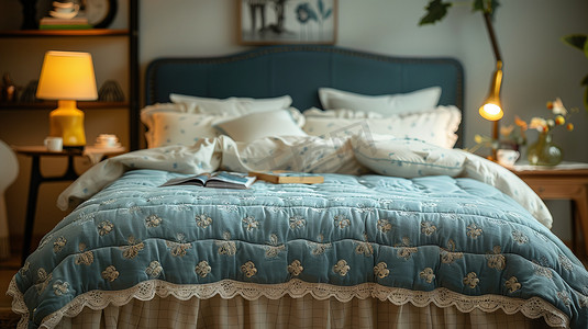 温暖舒适的卧室浅蓝色蓬松被子高清摄影图