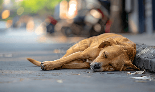 泰国混血狗中午在街中央舒适放松地睡觉