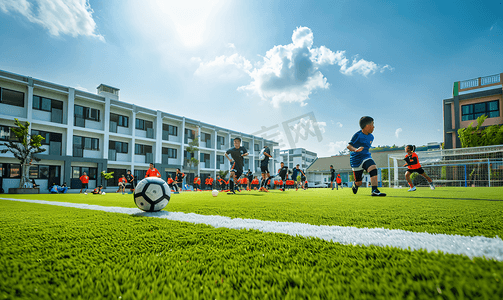 儿童绘画比赛摄影照片_足球运动员们在学校的人造草坪上比赛