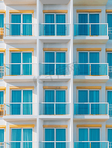 抽象建筑图案摄影照片_窗户和阳台的重复图案酒店大楼的窗户