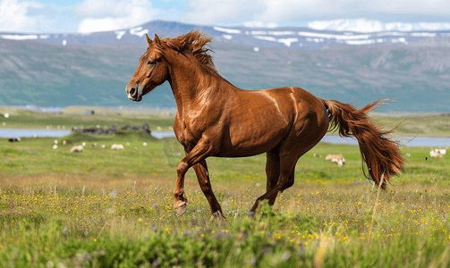 冰岛夏日棕色马在牲畜田野上奔跑
