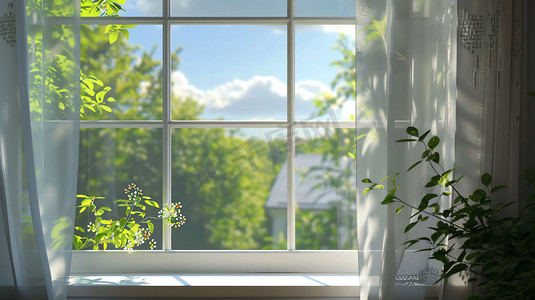 阳光窗户绿植蓝天摄影照片
