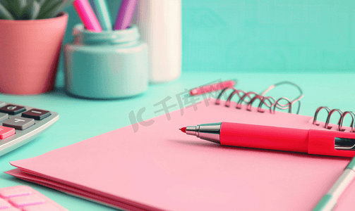粉色笔记摄影照片_桌子上有一个红色记号笔、一张粉色纸和计算器
