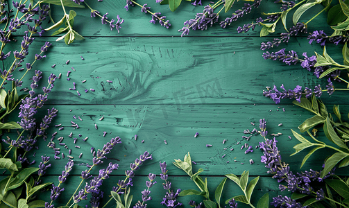 紫色花背景背景摄影照片_绿色木质背景上薰衣草花叶创意框架