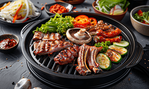 韩式烧烤猪肉海鲜蘑菇和蔬菜