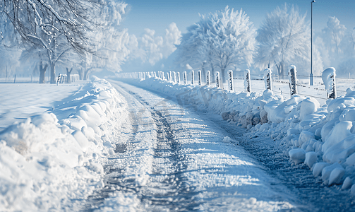 木板雪摄影照片_栅栏旁的雪路上的雪堵塞灰色的冬天