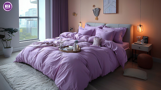 优雅淡紫色卧室四件套高清摄影图