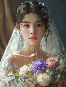 婚礼邀请函森系摄影照片_婚礼花束的新娘子摄影照片