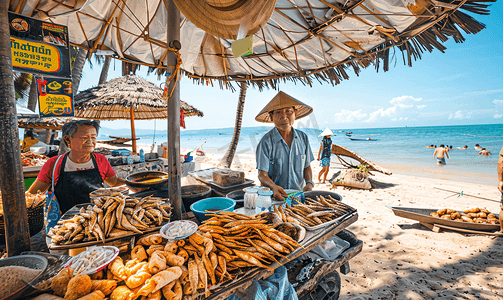 海滩小贩向游客出售熏鱼和海鲜