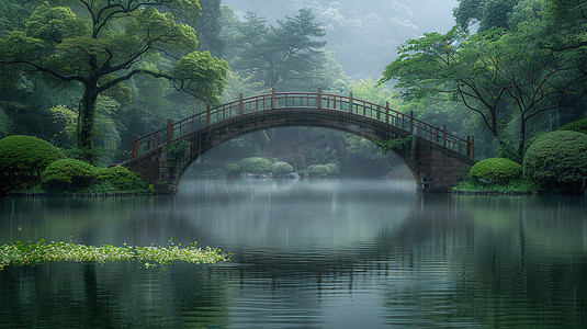 一座拱桥绿树成荫照片