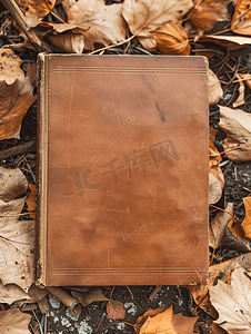 诗词书封面设计摄影照片_带干树叶的复古书籍封面样机模板