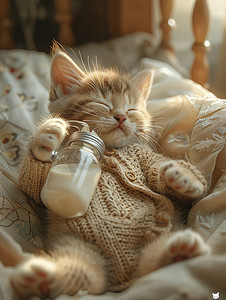 摄影照片_小猫抱着奶瓶睡觉照片