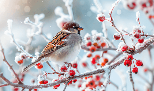 麻雀头像摄影照片_寒冷的冬日早晨一只冰冻的麻雀坐在玫瑰果树枝上上面挂着浆果