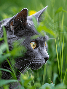 花园里一只眼睛漂亮的可爱灰猫的肖像垂直视图