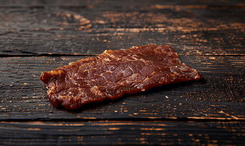 肉片一块干肉位于深色木质表面上