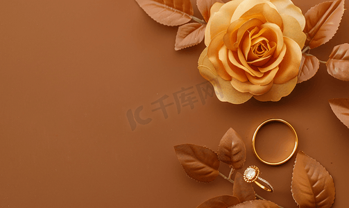 圆形创意背景摄影照片_棕色背景上的金戒指和金玫瑰平躺顶视图复制空间