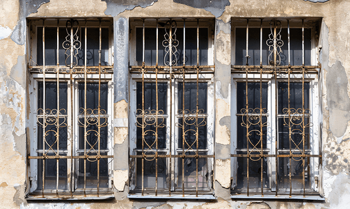 带格栅的窗户旧建筑窗户上的钢筋