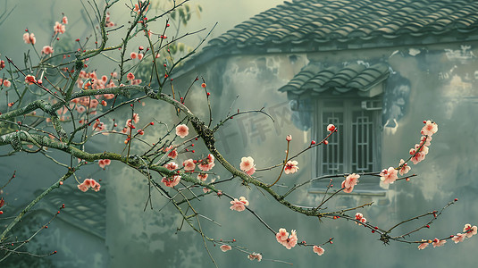树木花朵石板路房屋摄影照片