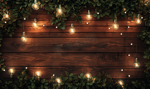 深色木材中的灯泡由花环发光背景制成