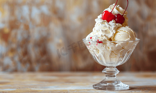 冰淇淋双球摄影照片_玻璃碗里的冰淇淋上面有生奶油和红樱桃