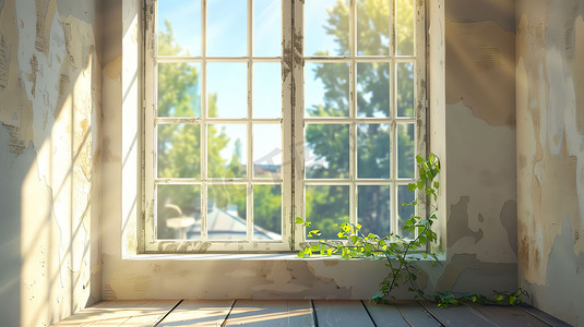 阳光窗户绿植蓝天摄影照片