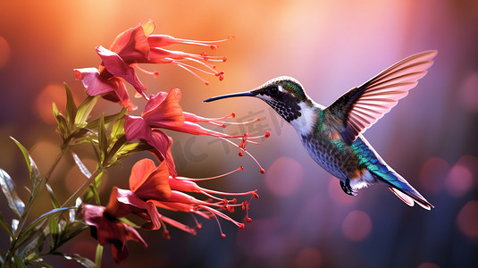 一张蜂鸟在花朵采蜜摄影配图