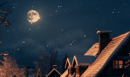 屋顶和月亮冬天村庄房屋的屋顶积雪的烟囱