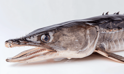 鱼头凤爪摄影照片_分离的新鲜鲟鱼鱼头和嘴