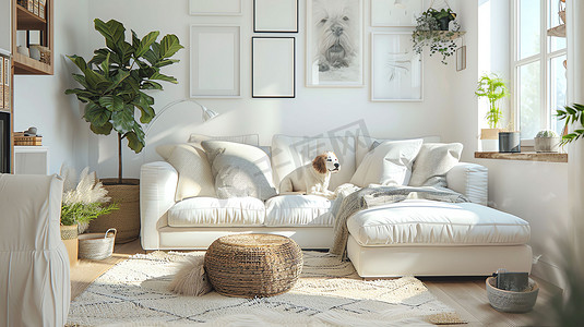 白色沙发宠物狗客厅摄影照片