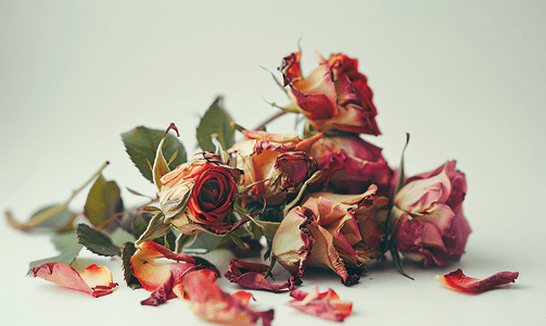 浅色木板摄影照片_一束枯萎的玫瑰花和落下的花瓣