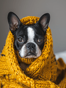 一只波士顿梗犬在家裹着温暖舒适的黄色毛衣的秋季肖像