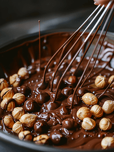 液体巧克力摄影照片_将烤榛子添加到融化的液体巧克力中