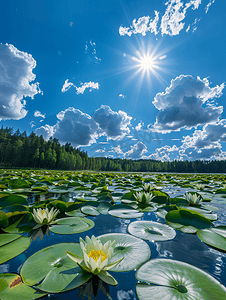 在瑞典小地的一个湖上睡莲田蓝色的水阳光明媚的天空森林