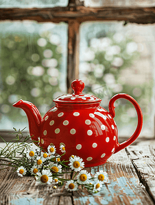 红色复古背景摄影照片_木制背景上带圆点图案的红色复古茶壶带雏菊