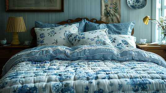 温暖舒适的卧室浅蓝色蓬松被子照片