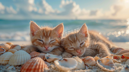 海边小猫依偎玩耍摄影照片