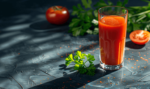 深色背景玻璃杯中的新鲜番茄汁蔬菜减肥饮料与欧芹