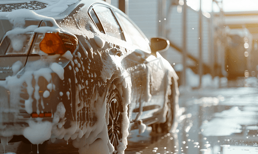 肥皂海报摄影照片_户外常规洗车时车辆被白色肥皂泡沫覆盖汽车用肥皂清洗