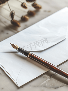 文档边框设计摄影照片_桌上的信封空纸和钢笔