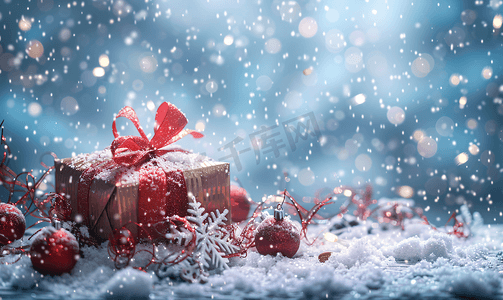 抽象背景和雪花上的礼品盒和圣诞装饰