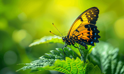 昆虫叶子摄影照片_一只黄色和黑色蝴蝶船长栖息在绿色杂草叶上的宏观照片