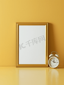 边框金色边框摄影照片_桌上的空白金色框架和数字闹钟