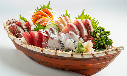 红色鱿鱼摄影照片_日式生鱼片摆放在船盘上