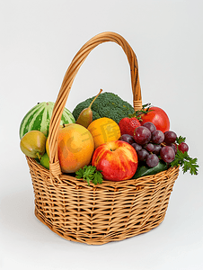 柳条篮白色背景中的水果和蔬菜