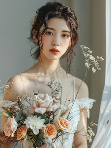 婚礼虎纹摄影照片_婚礼花束的新娘子图片