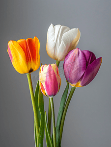 中灰色背景摄影照片_灰色背景中的多彩多姿的春天花朵郁金香
